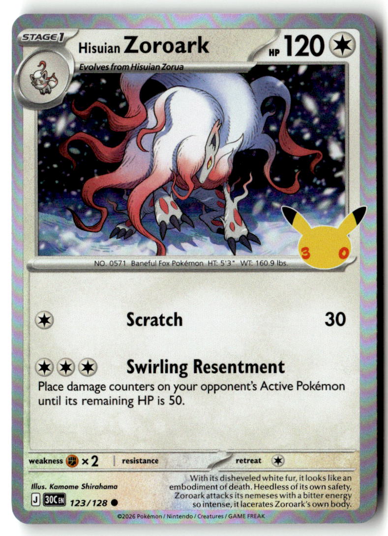 Front of Hisuian Zoroark 123/128 from 30th Celebration