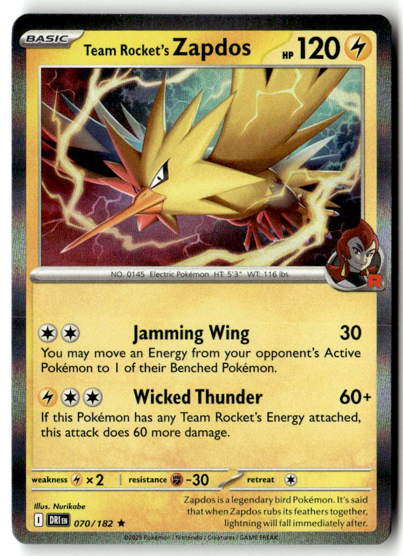 Front of Team Rocket's Zapdos 070/182 from Destined Rivals