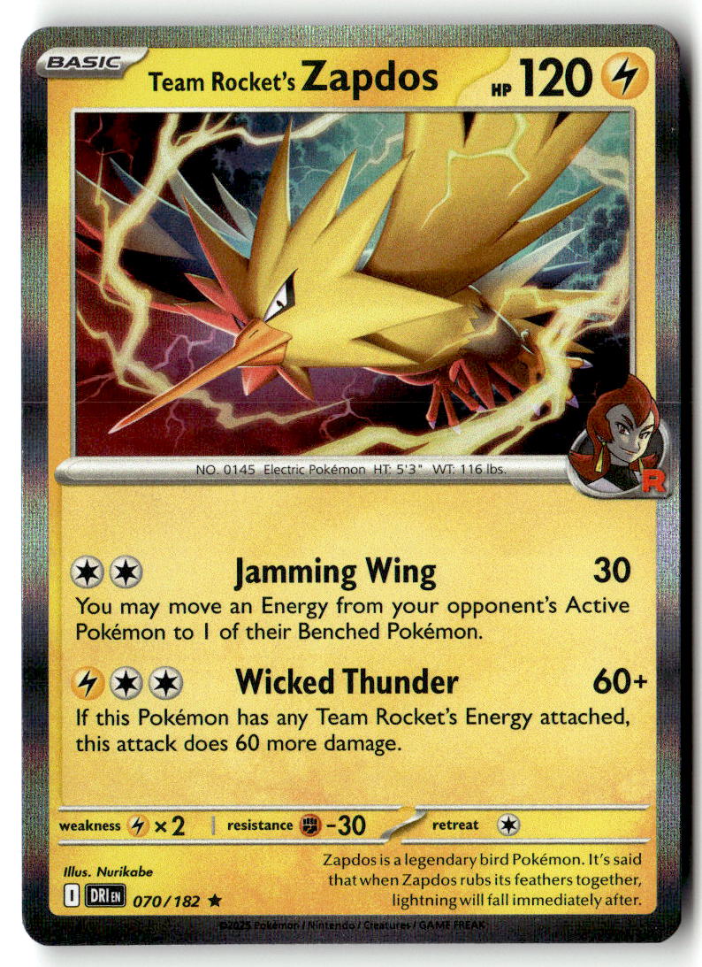 Front of Team Rocket's Zapdos 070/182 from Destined Rivals