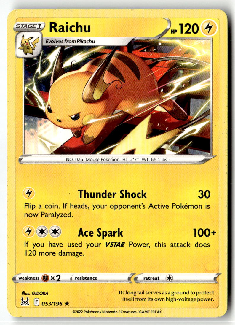 Front of Raichu 053/196 from Lost Origin