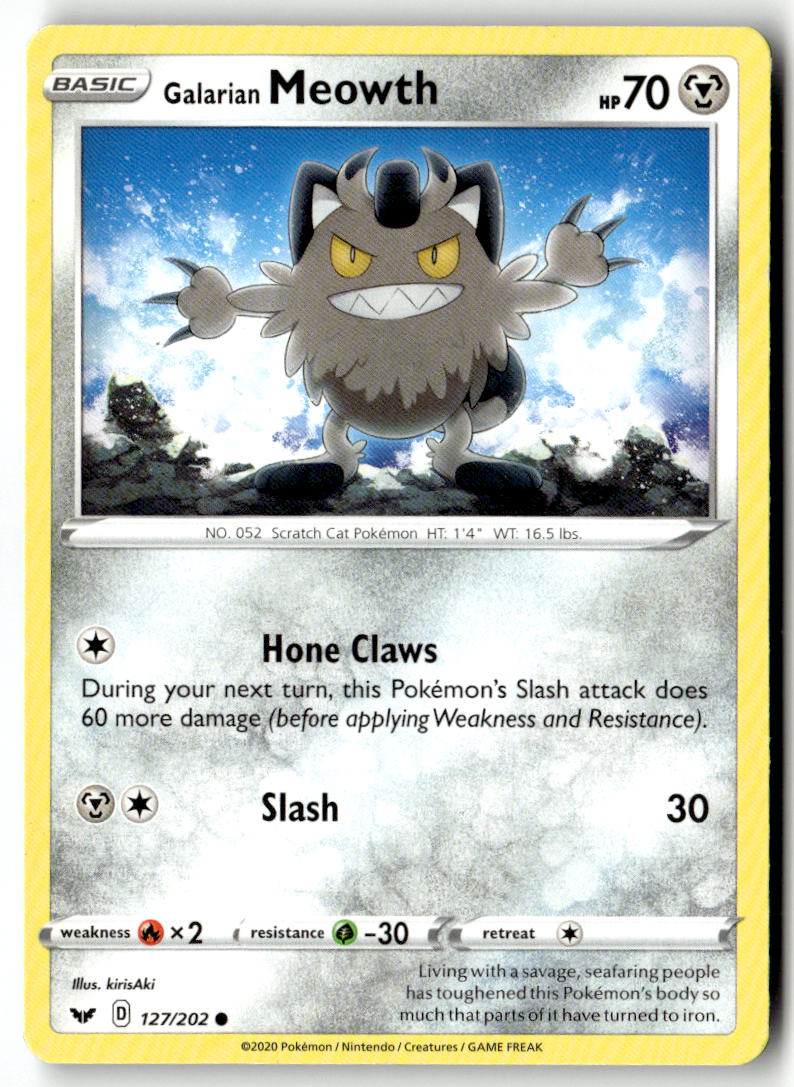 Front of Galarian Meowth 127/202 from Sword & Shield Base Set