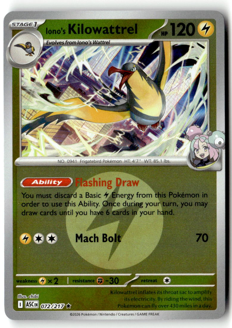 Front of Iono's Kilowattrel (Energy Symbol Pattern) 072/217 from Ascended Heroes